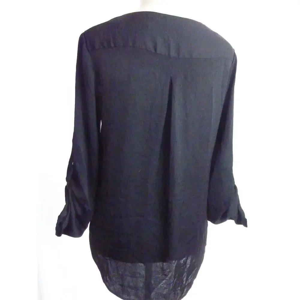 Zara Black V Neck Satin Blouse with 3/4 Sleeves M Top - Picture 4 of 6